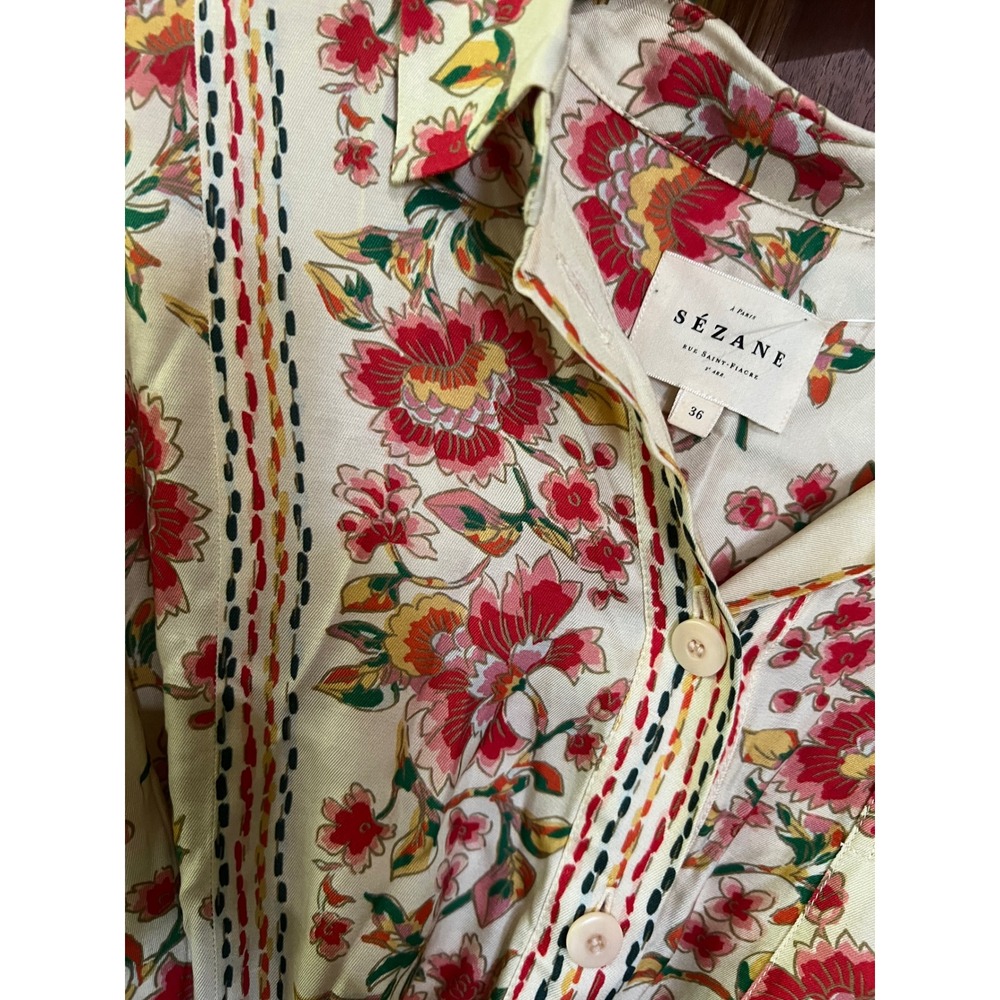 Sezane Ana Dress Fiori Rossi Floral Embroidered Shirt Dress Belted Cream Size 36 - Picture 7 of 10